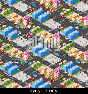 Isometric illustration megapolis city quarter with streets, skyscrapers, trees and houses. Urban landscape top view Stock Vector