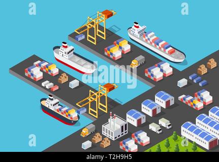 Isometric port cargo ship cargo seaport at sea with crane container transport vessel logistic illustration Stock Vector