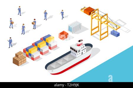 Isometric port cargo ship cargo seaport at sea with crane container transport vessel logistic illustration Stock Vector