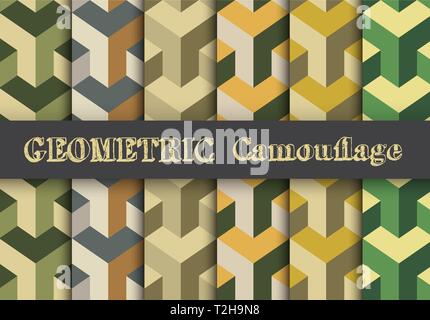 Set camouflage seamless pattern. Army dazzle paint template, war repeating design for project and concept, force ornament decorative fabric and back Stock Vector