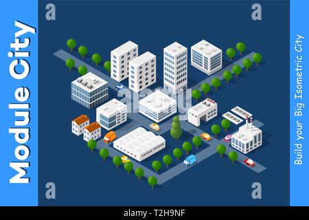 Set of town district of the city in isometric landscape urban infrastructure of houses, streets and buildings Stock Vector