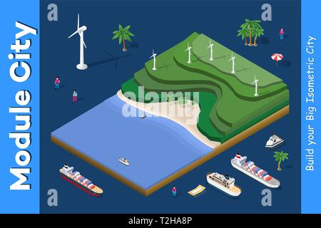The ecological wind power plant on the seashore natural landscape Stock Vector