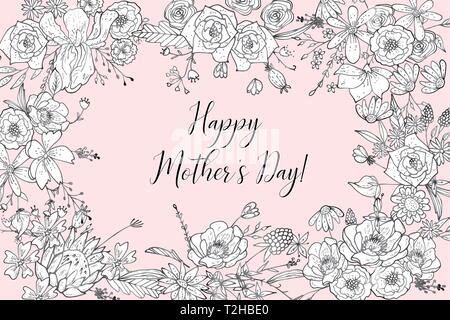 Mother's Day Greeting Card Template. Happy Mothers Day Formulation Of A Sketch Line Flowers Hand Drawn Black Color. Decorative Doodle Frame Of Flowers Stock Vector