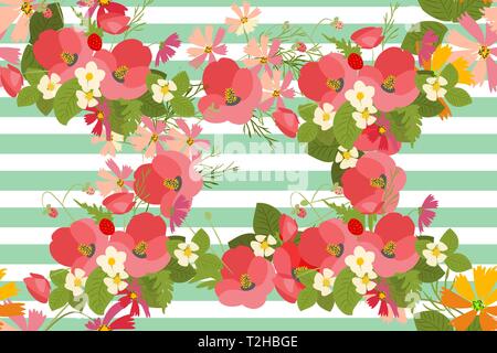 Floral poppy and cosmos strawberries background vector