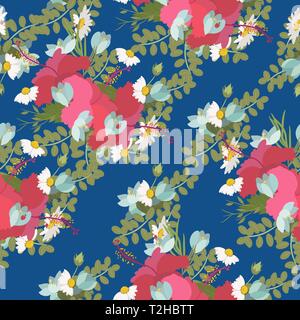 Vector pattern of tropical hibiscus flowers daisy ladybug crocus fern bunch Stock Vector