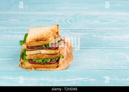 sandwich katsu sando with beef steak. wagyu katsu. japanese cuisine traditional food. Trendy healthy fast food snack Stock Photo