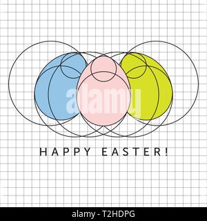 Minimalist Happy Easter Eggs Greetings Design. Shape Drawing of Egg. Pastel colors on Graph Paper Stock Vector