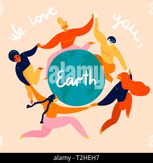 Group of diverse young women and man is dancing around the Earth globe. They are celebrating Happy Earth Day, holding hands. Eco and environment frien Stock Vector