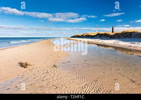 Baltic Sea beach at Darsser Ort, lighthouse and transmitter mast, Western Pomerania Lagoon Area National Park, Prerow, Fischland-Darss-Zingst Stock Photo