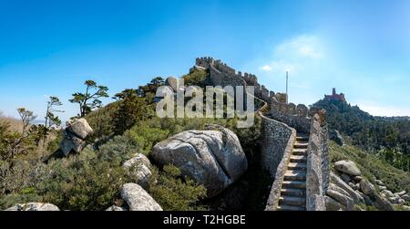 Castle complex Castelo dos Mouros, behind Palacio Nacional da Pena, cultural landscape Sintra, Sintra, Portugal Stock Photo