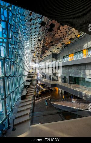 Harpa congress centre and concert hall, architect Henning Larsen, facade by artist Olafur Eliasson, interior view, Reykjavik Stock Photo