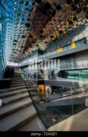 Harpa congress centre and concert hall, architect Henning Larsen, facade by artist Olafur Eliasson, interior view, Reykjavik Stock Photo