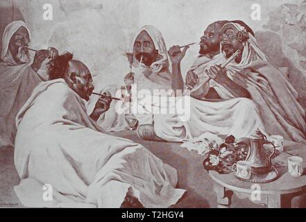 Hashish smoking, arab men with drug cigarettes, 1899, historical illustration, Arabia Stock Photo