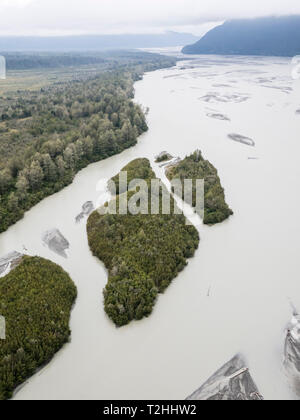 Aerial view of the braided Chilkat River flowing towards Lynn Canal near Haines, Southeast Alaska, United States of America Stock Photo