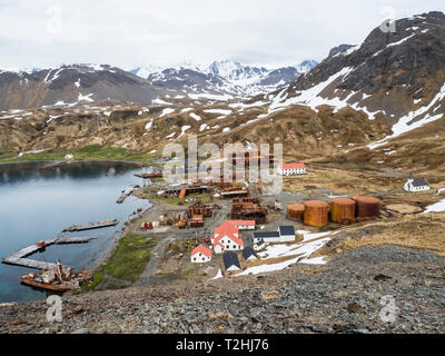 The abandoned whaling station at Grytviken, now cleaned and refurbished for tourism on South Georgia Island, Atlantic Ocean Stock Photo