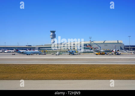 TORONTO, CANADA -26 MAR 2019- View of airplanes from Air Canada (AC) at the Toronto Pearson International Airport (YYZ), the largest and busiest airpo Stock Photo