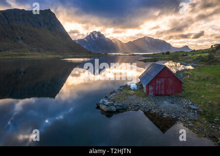Traditional rorbu, Vagspollen, Leknes, Nordland, Lofoten Islands, Norway, Europe Stock Photo