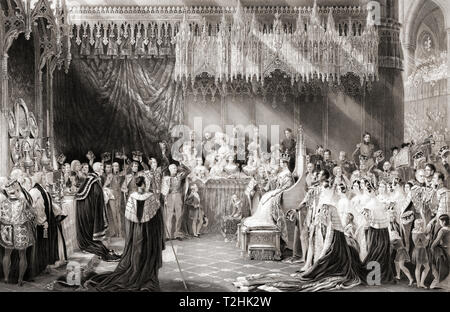 The coronation of Queen Victoria, 28 June 1838.  Victoria, 1819 – 1901.  Queen of the United Kingdom of Great Britain and Ireland.  After the painting by Sir George Hayter. Stock Photo