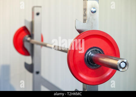 Closeup obright multicolored dumbbells, barbells, weights on stand in modern gym of hotel. The concept of healthy lifestyle, weight loss, training, bo Stock Photo