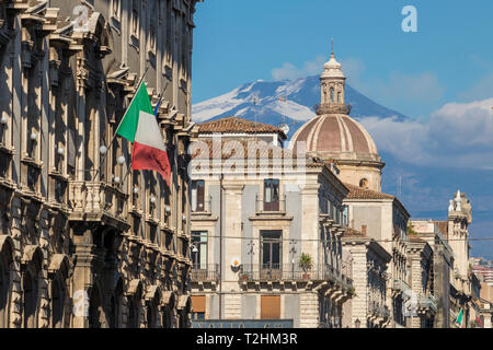 Facades of the buildings at Via Etnea with view to Mount Etna in the background, Catania, Sicily, Italy, Europe Stock Photo