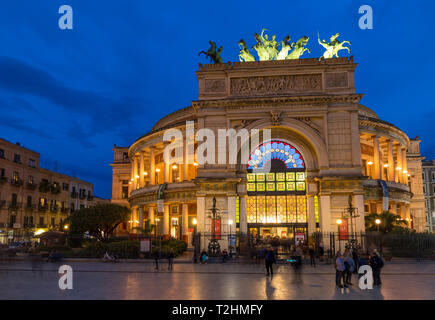 The Politeama Theatre during blue hour, Palermo, Sicily, Italy, Europe Stock Photo