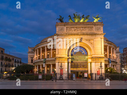 Politeama Theatre during blue hour, Palermo, Sicily, Italy, Europe Stock Photo