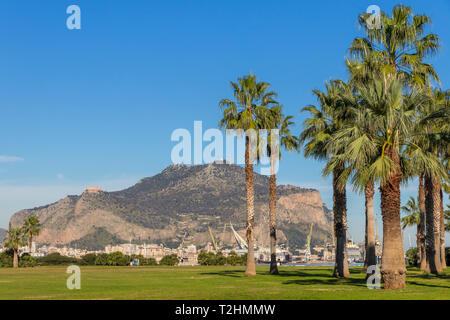 Mount Pellegrino seen from the seaside park area, Palermo, Sicily, Italy, Europe Stock Photo