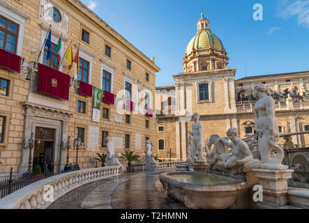 The Praetorian Fountain (Fontana Pretoria) and San Giuseppe dei Padri Teatini Church, Palermo, Sicily, Italy, Europe Stock Photo