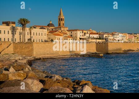 City walls and the cathedral of Alghero, Sardinia, Italy, Europe Stock Photo