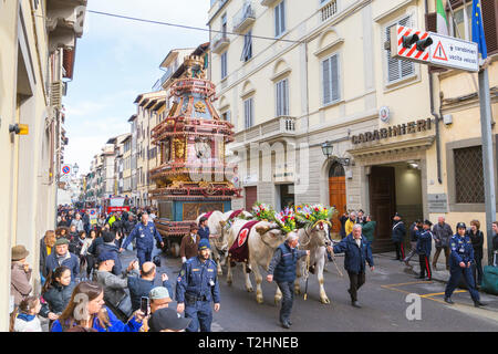An Ox cart for the Explosion of the Cart festival (Scoppio del Carro) where on Easter Sunday a cart of pyrotechnics is lit, Florence, Tuscany, Italy