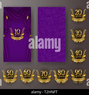 Set of anniversary card, invitation with laurel wreath, numbers. Decorative gold emblem of jubilee on purple background. Filigree element, frame, bord Stock Vector