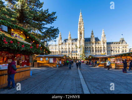 View of Rathaus and Christmas Market in Rathausplatz, Vienna, Austria, Europe Stock Photo