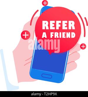 Smartphone in hand, message on the screen Refer a friend Stock Vector