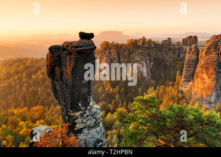 View from Wehlnadel rocks to Bastei Bridge in Elbe Sandstone Mountains, Germany, Europe Stock Photo