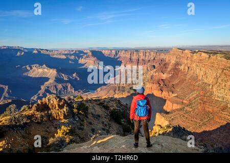 Young woman, tourist stands in front of the gorge of the Grand Canyon, view into the distance, Colorado River, eroded rock landscape, view near the Stock Photo