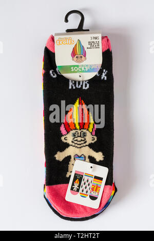 Pack of Good Luck Trolls socks Made in China isolated on white background Stock Photo