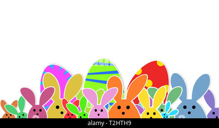 Cute Bunnies as illustration on white Background. Playful Easter Bunnies Background for the Easter Season.  Easter Graphic with colorful Rabbits. Stock Photo