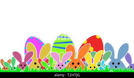 Cute Bunnies as illustration on white Background with. Playful Easter Bunnies Background for the Easter Season.  Easter Graphic with green Grass. Stock Photo