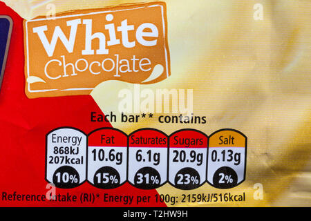 Reference intake nutritional information traffic lights system labelling colour coded label on packet of 4 Nestle KitKat chunky white chocolate Stock Photo