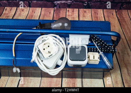 Toolbox with electronic material and equipment for installation Stock Photo