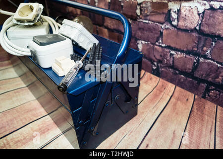Toolbox with electronic material and equipment for installation Stock Photo