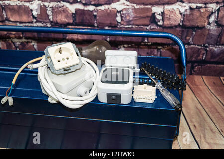 Toolbox with electronic material and equipment for installation Stock Photo
