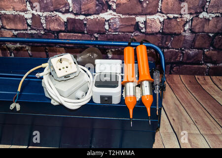 Toolbox with electronic material and equipment for installation Stock Photo