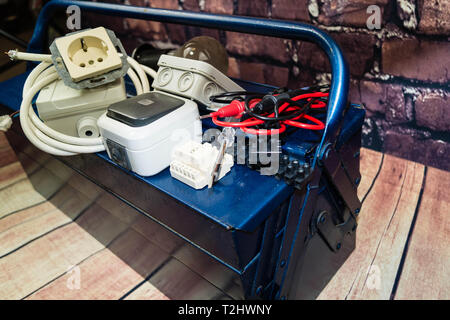Toolbox with electronic material and equipment for installation Stock Photo