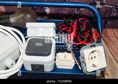 Toolbox with electronic material and equipment for installation Stock Photo