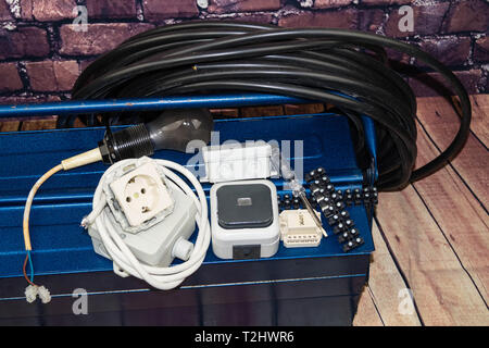 Toolbox with electronic material and equipment for installation Stock Photo
