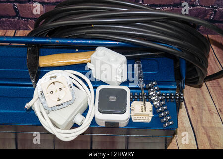Toolbox with electronic material and equipment for installation Stock Photo