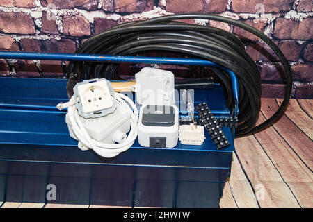 Toolbox with electronic material and equipment for installation Stock Photo