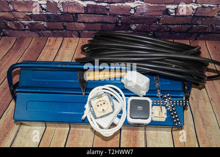 Toolbox with electronic material and equipment for installation Stock Photo