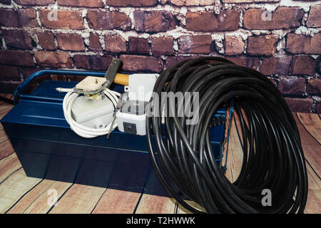 Toolbox with electronic material and equipment for installation Stock Photo